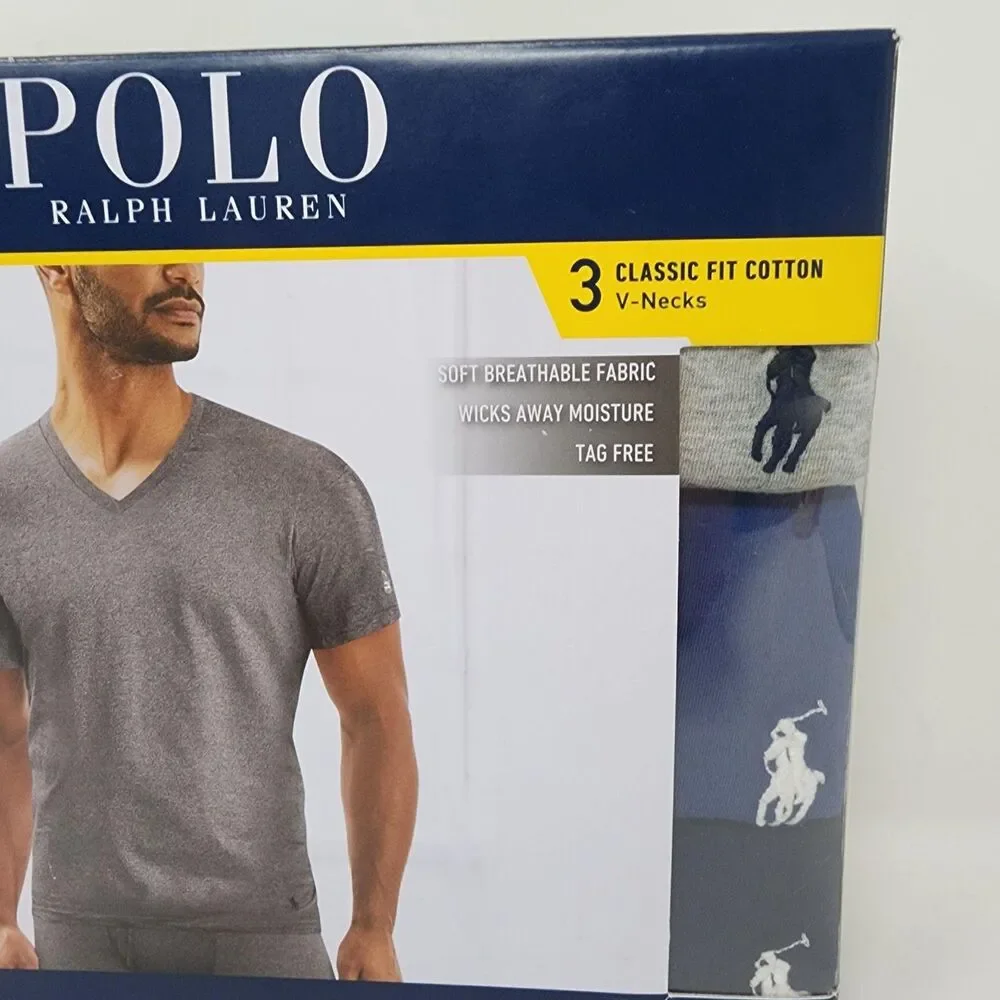 Polo Ralph Lauren Shirt Mens Small Gray Classic Fit Cotton V-Neck 3 Pack Tees